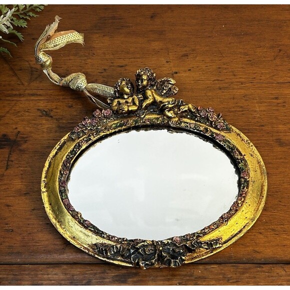 Vintage Mini Gold Gilt Mirror W/Angels Cherubs Momparler 1870 - Picture 1 of 9